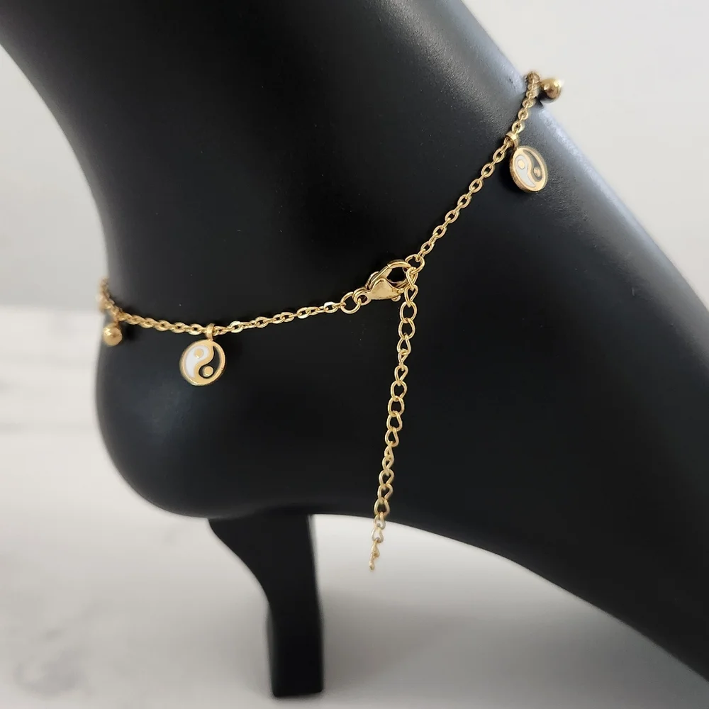 Gold Plated Yin Yang Anklet Adjustable Dainty Bracelet Minimalist Charm Jewelry - Picture 7 of 12